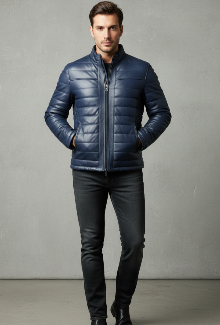Navy Lambskin Down Jacket – Luxury Winter Warmth