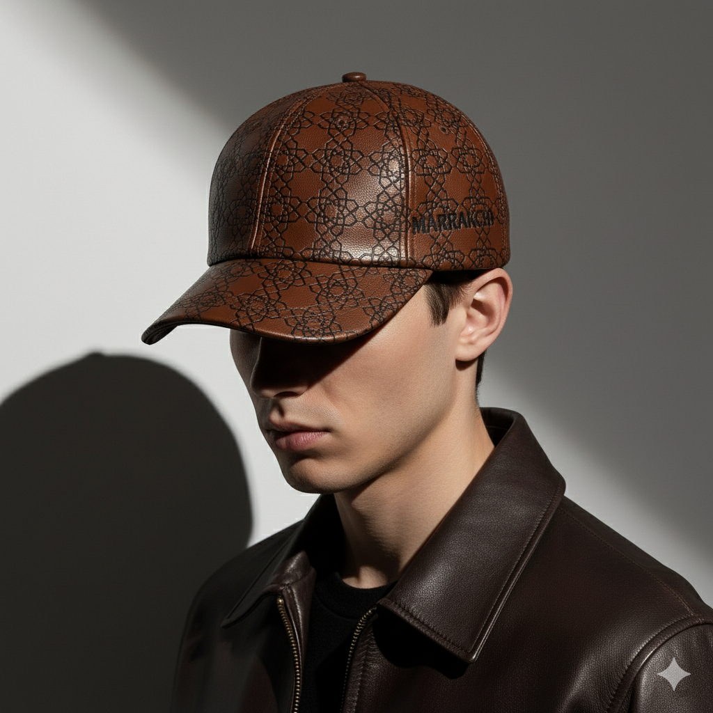 Casaui Pattern Casquette en cuir marron Marrakchi