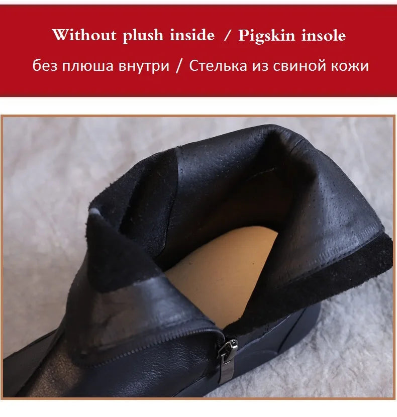 DRKANOL Genuine Leather Warm Ankle Boots – Winter Flat Cowhide Zip Boots