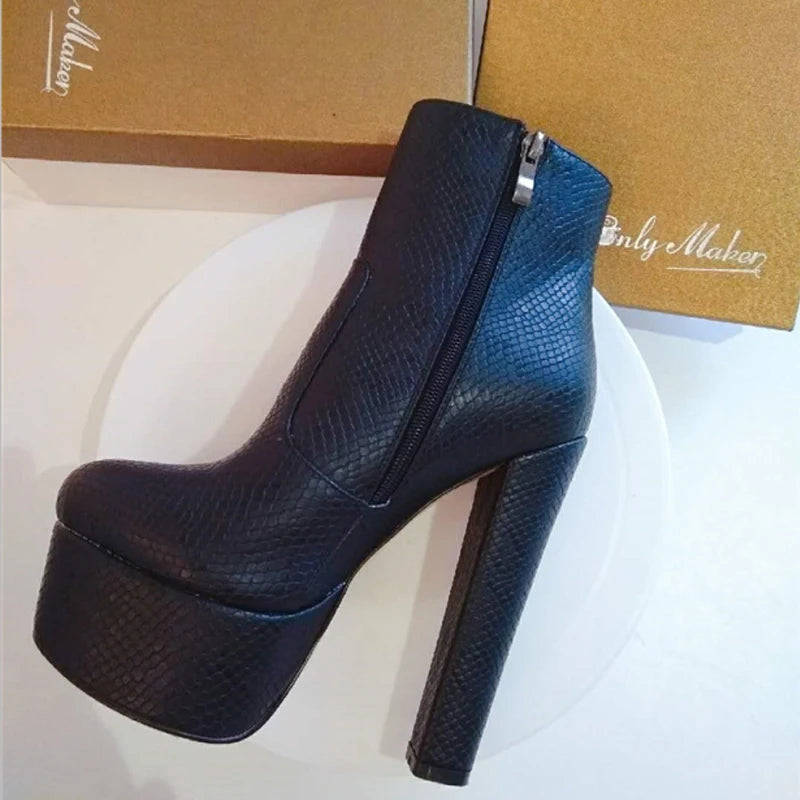 Onlymaker Women’s Round Toe Platform Ankle Boots – 15cm Chunky High Heels