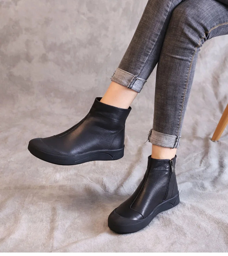 DRKANOL Genuine Leather Warm Ankle Boots – Winter Flat Cowhide Zip Boots