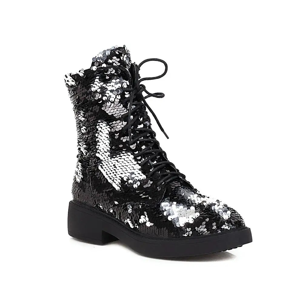 ENMAYER Color-Changing Sequin Boots – Shiny Lace-Up Ankle Shoes