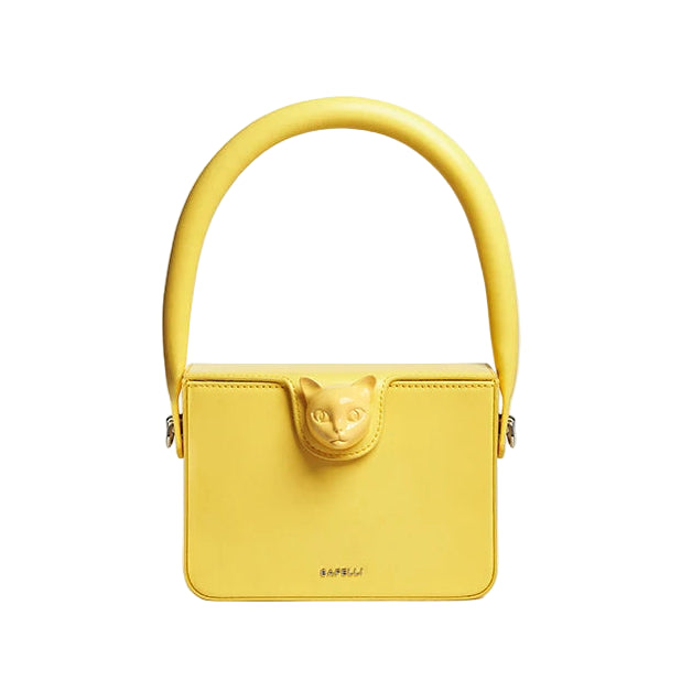 Yellow handbag with a cat face design on a light gray background, featuring the brand 'Bafelli'.
