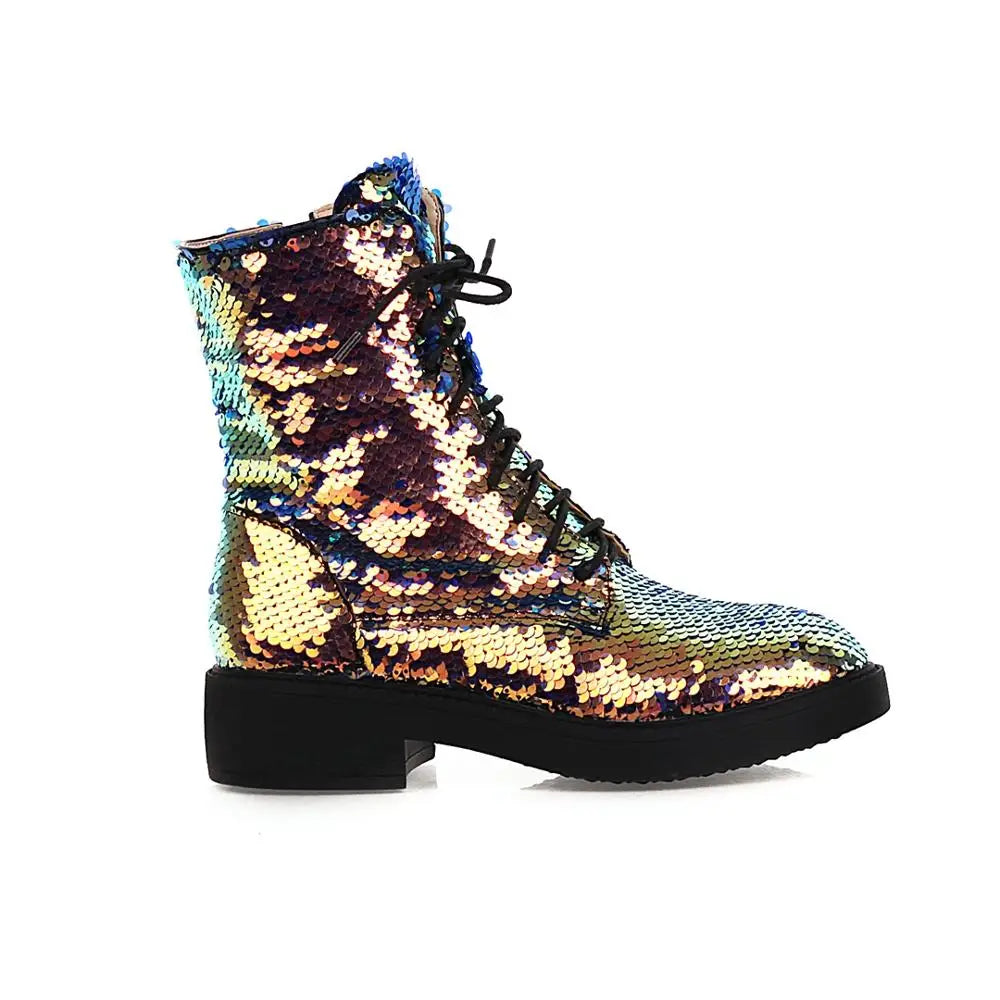 ENMAYER Color-Changing Sequin Boots – Shiny Lace-Up Ankle Shoes