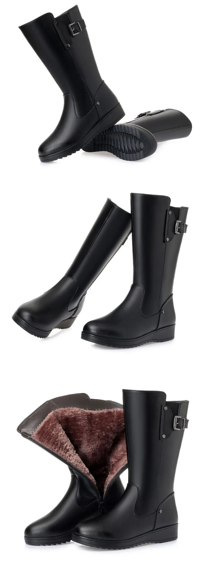 DRKANOL Genuine Leather Wool Snow Boots – Warm Waterproof Winter Flats