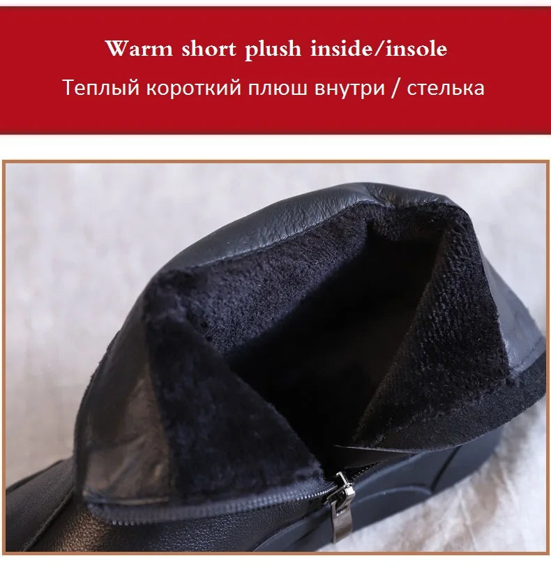 DRKANOL Genuine Leather Warm Ankle Boots – Winter Flat Cowhide Zip Boots