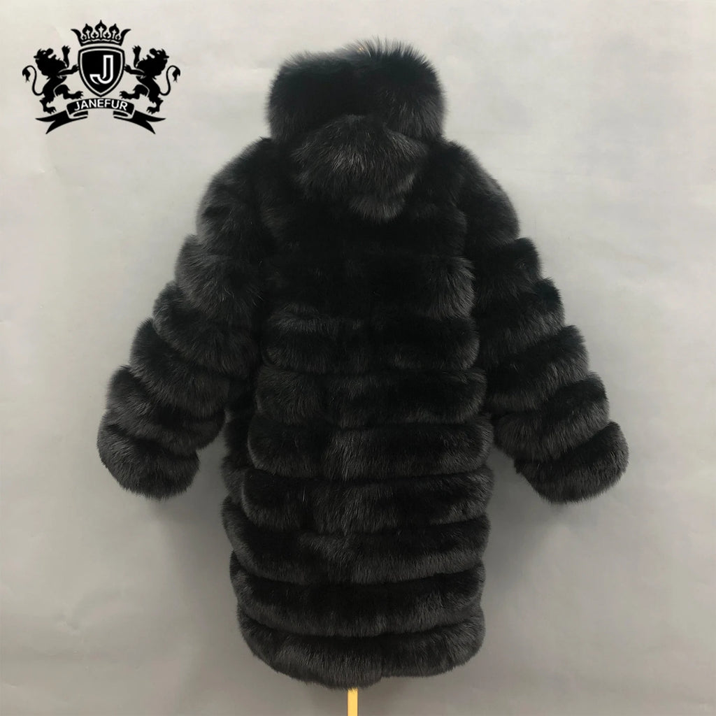 Plus Size Long Hooded Real Fox Fur Coat – Luxury Winter Thick Fur Jacket