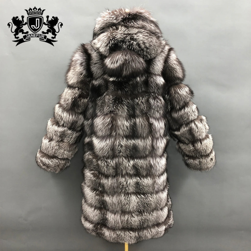 Plus Size Long Hooded Real Fox Fur Coat – Luxury Winter Thick Fur Jacket