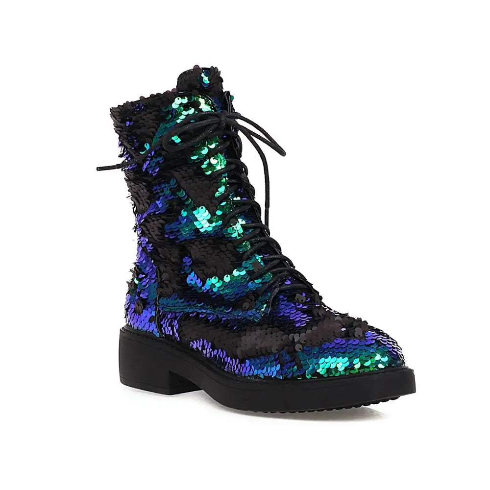 ENMAYER Color-Changing Sequin Boots – Shiny Lace-Up Ankle Shoes