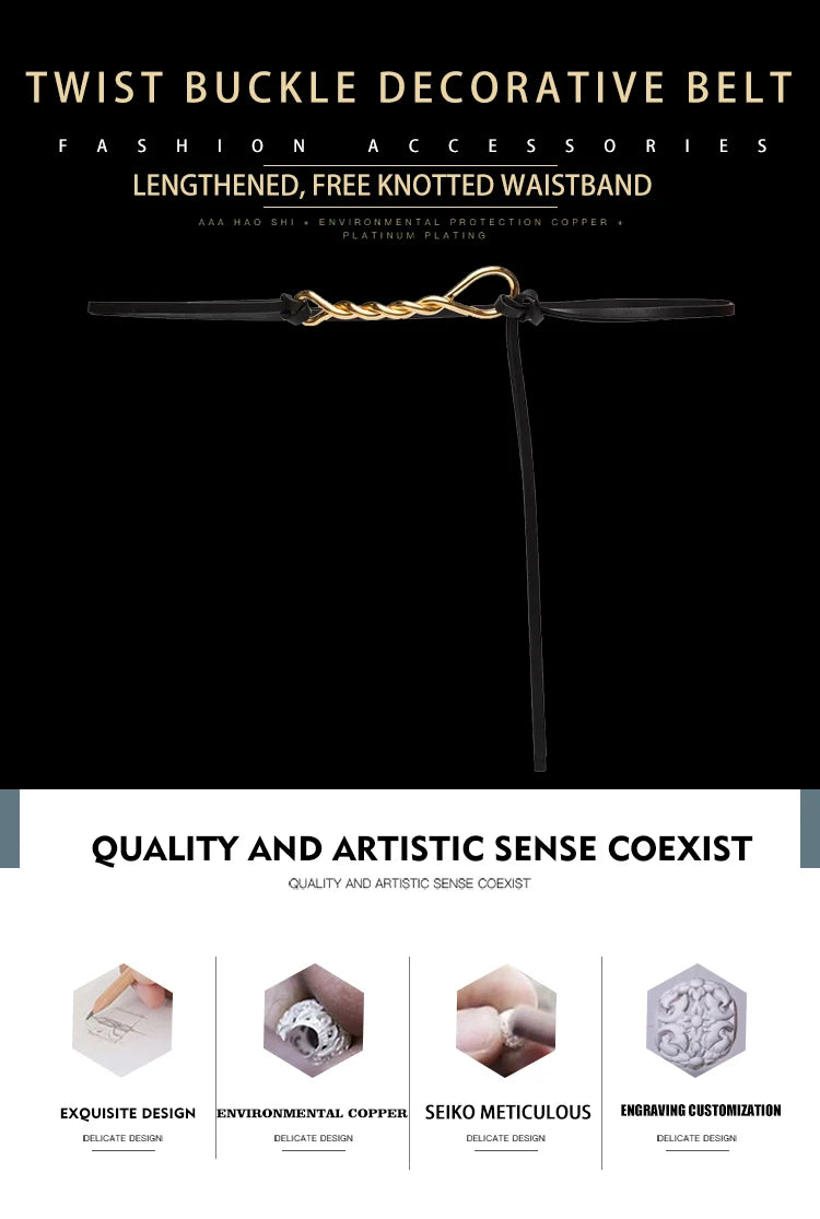 Twist Shape Gilt Buckle Thin Leather Belt