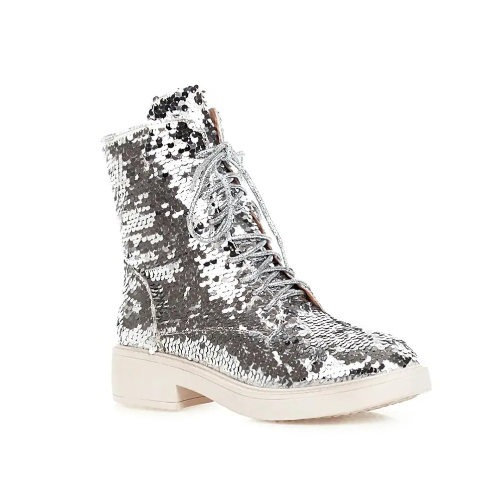 ENMAYER Color-Changing Sequin Boots – Shiny Lace-Up Ankle Shoes