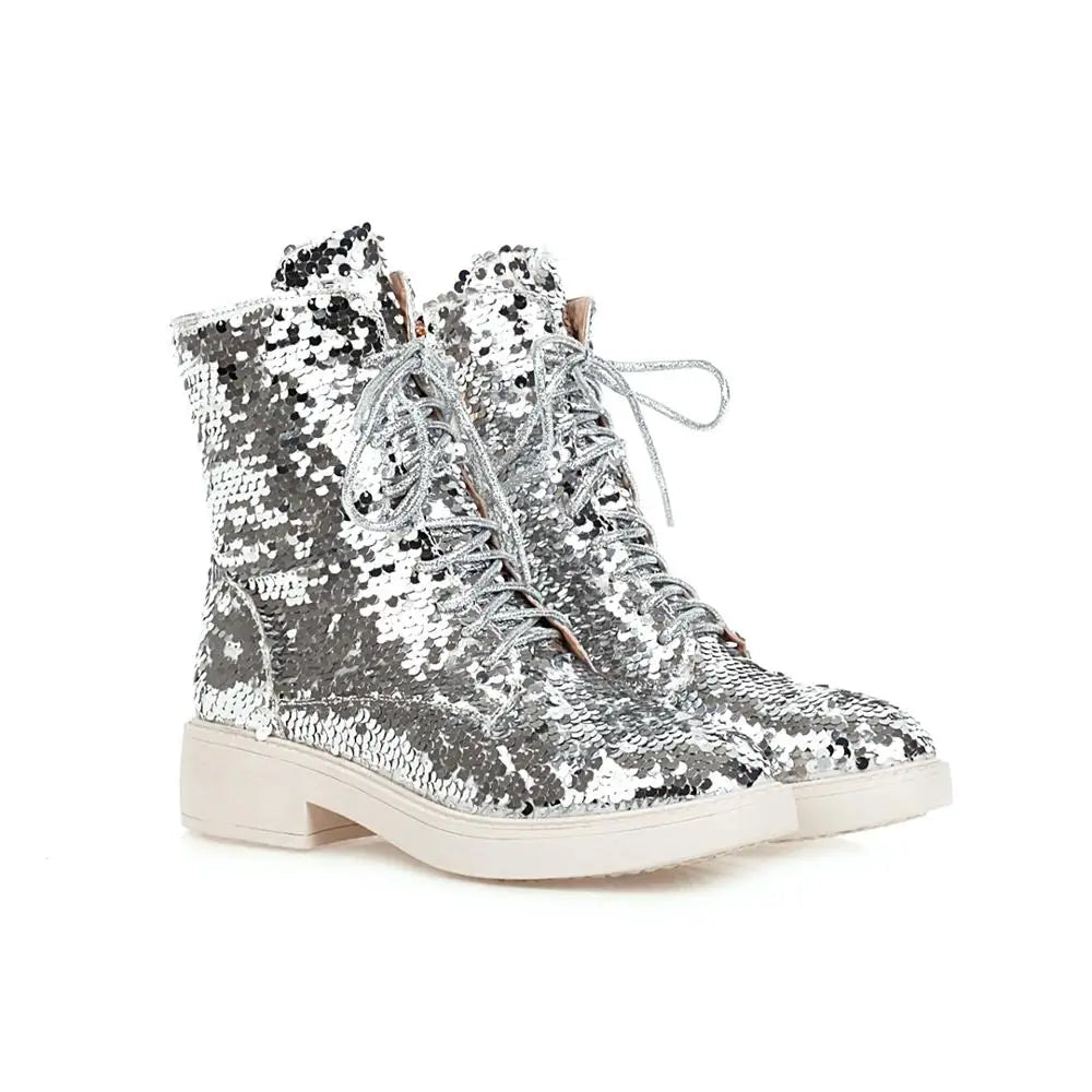 ENMAYER Color-Changing Sequin Boots – Shiny Lace-Up Ankle Shoes