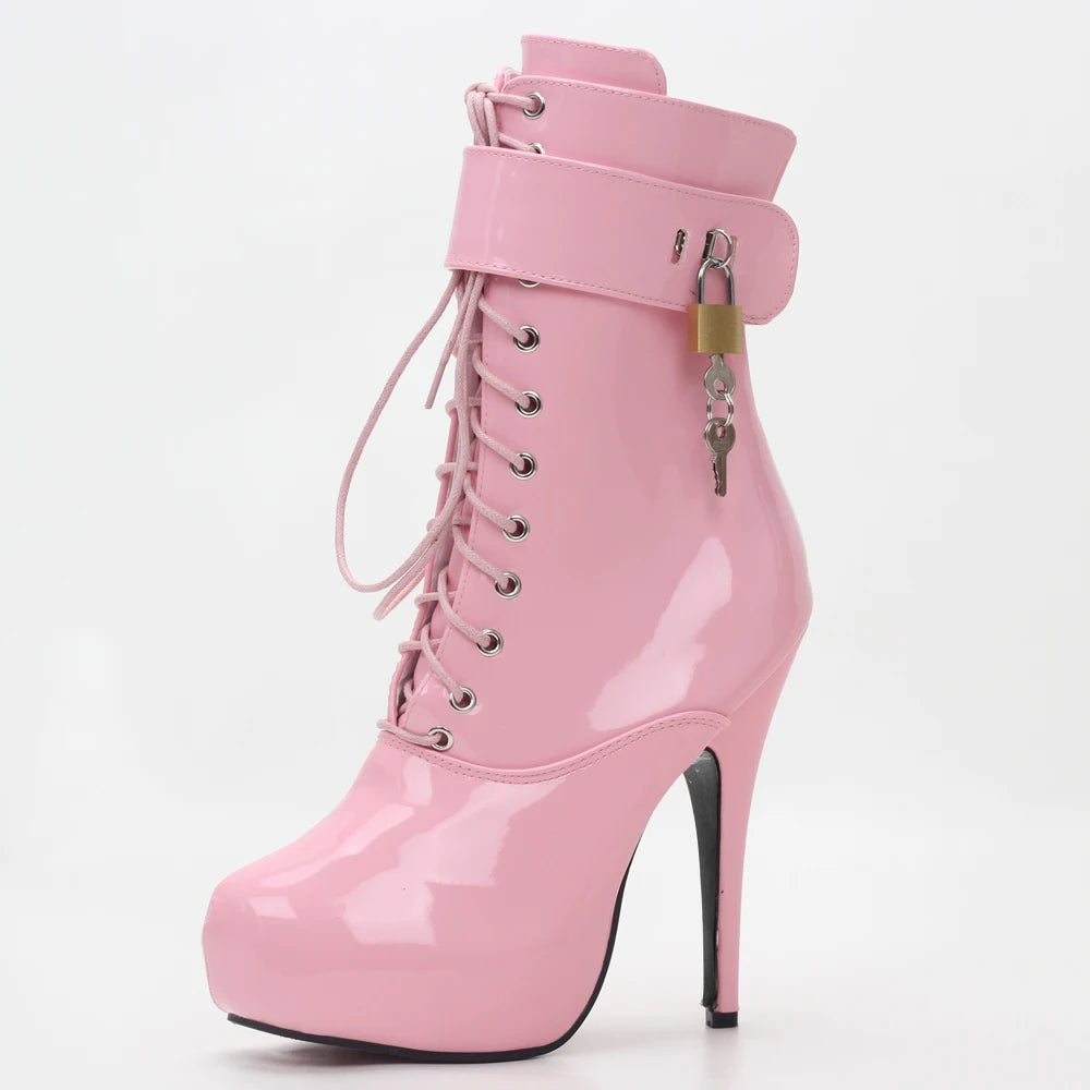 15cm Lace-Up Platform Ankle Boots – Sexy Unisex High Heels with Padlock Detail