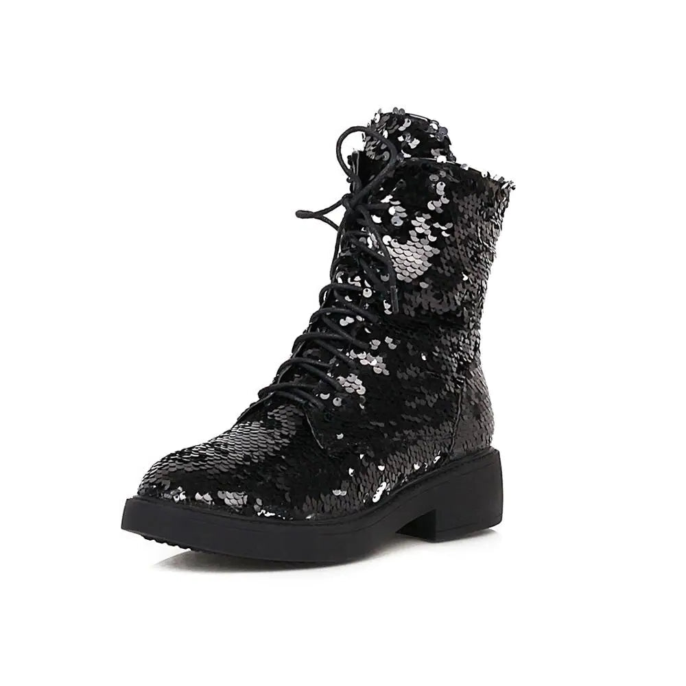 ENMAYER Color-Changing Sequin Boots – Shiny Lace-Up Ankle Shoes
