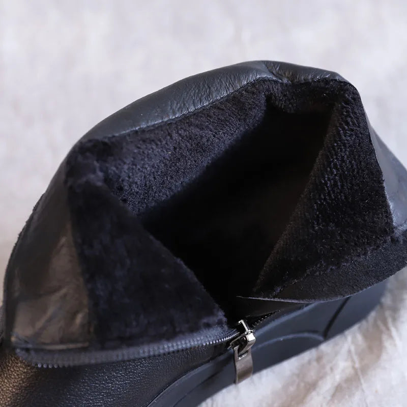 DRKANOL Genuine Leather Warm Ankle Boots – Winter Flat Cowhide Zip Boots