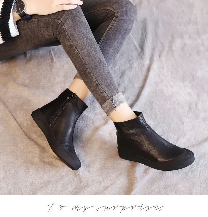 DRKANOL Genuine Leather Warm Ankle Boots – Winter Flat Cowhide Zip Boots