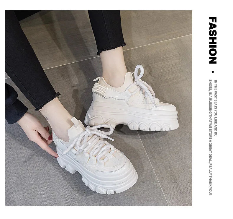 Fujin 9cm Platform Leather Wedge Sneakers – Chunky Breathable Shoes