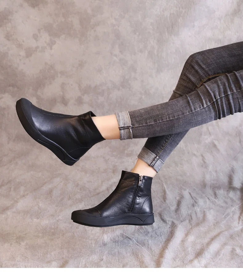 DRKANOL Genuine Leather Warm Ankle Boots – Winter Flat Cowhide Zip Boots