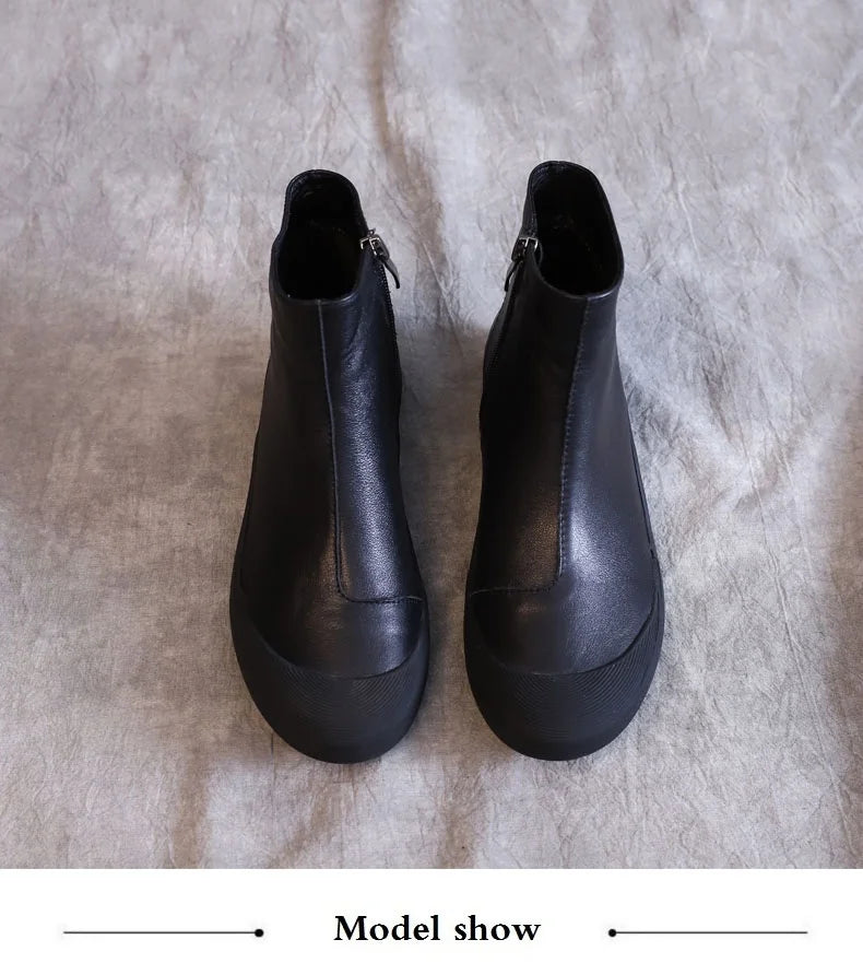 DRKANOL Genuine Leather Warm Ankle Boots – Winter Flat Cowhide Zip Boots