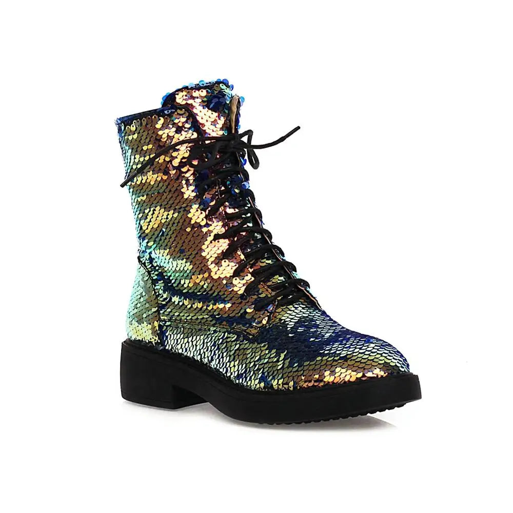 ENMAYER Color-Changing Sequin Boots – Shiny Lace-Up Ankle Shoes
