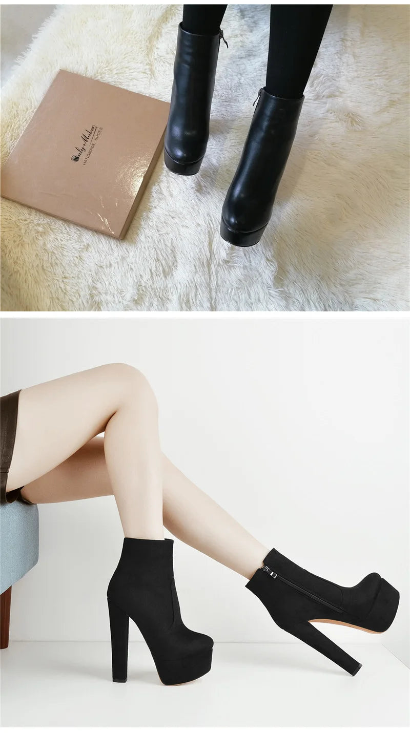 Onlymaker Women’s Round Toe Platform Ankle Boots – 15cm Chunky High Heels