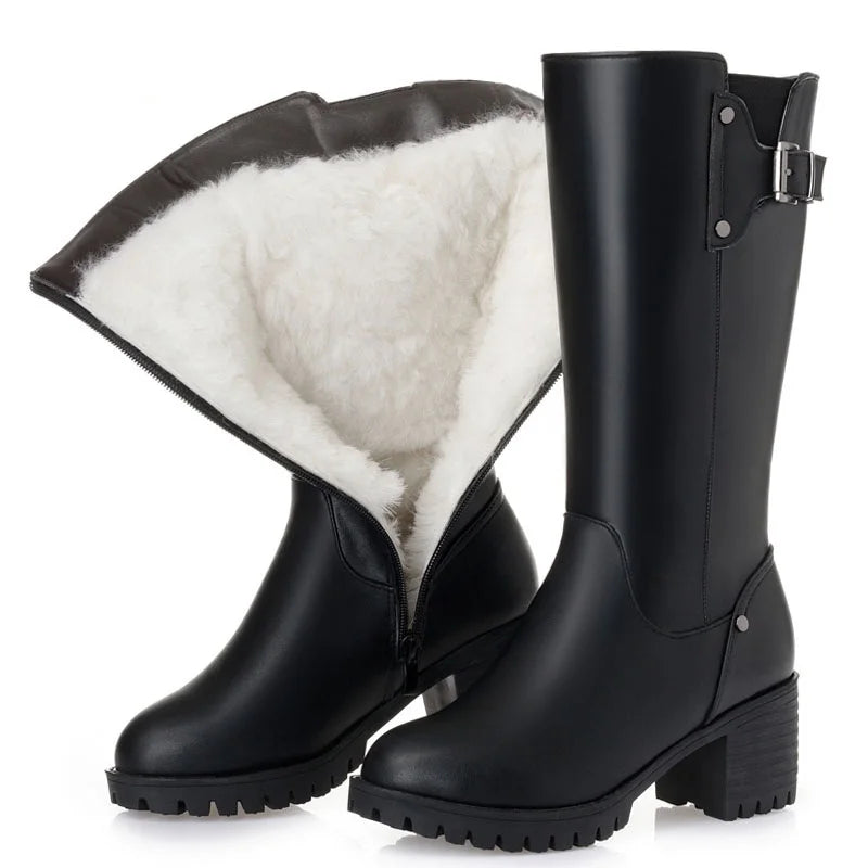 DRKANOL Genuine Leather Wool Snow Boots – Warm Waterproof Winter Flats