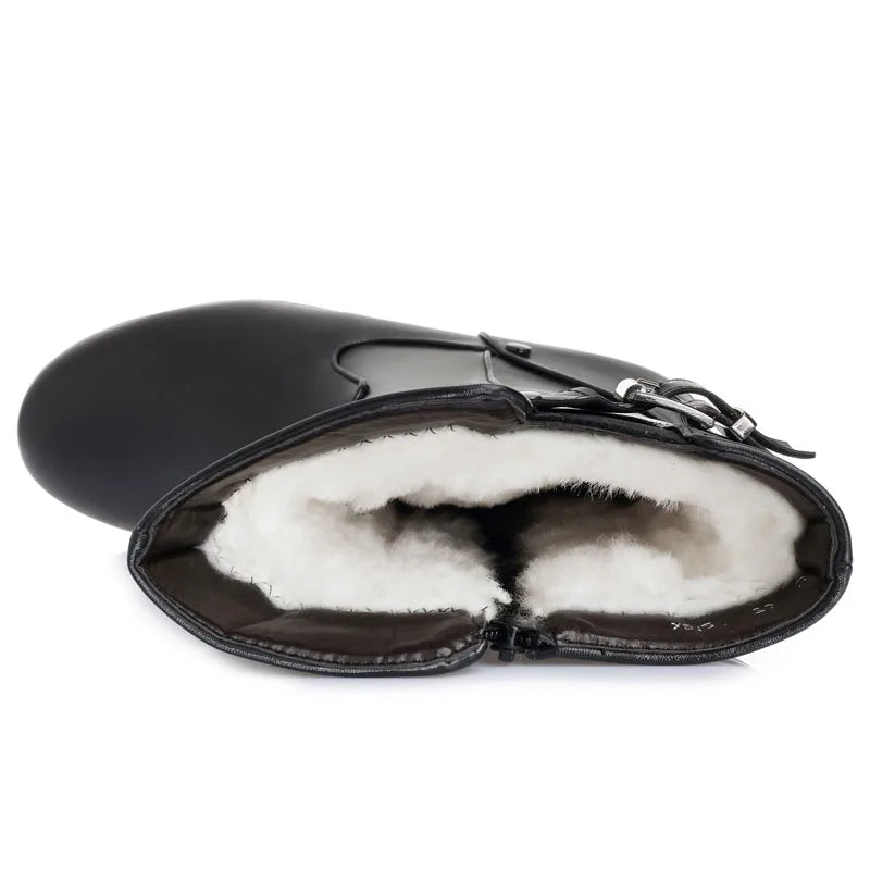 DRKANOL Genuine Leather Wool Snow Boots – Warm Waterproof Winter Flats