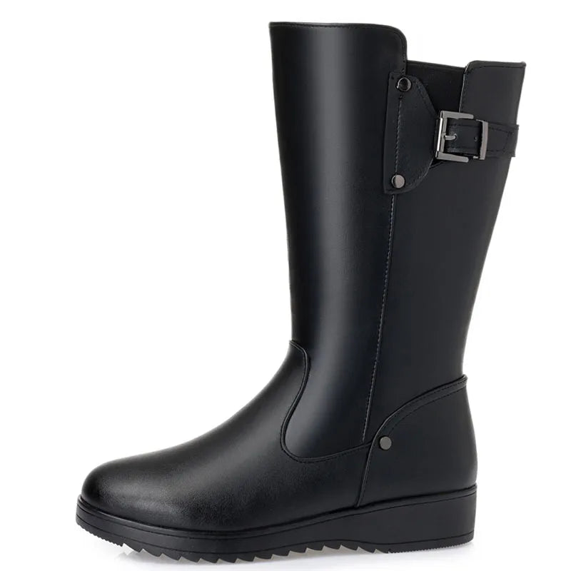 DRKANOL Genuine Leather Wool Snow Boots – Warm Waterproof Winter Flats