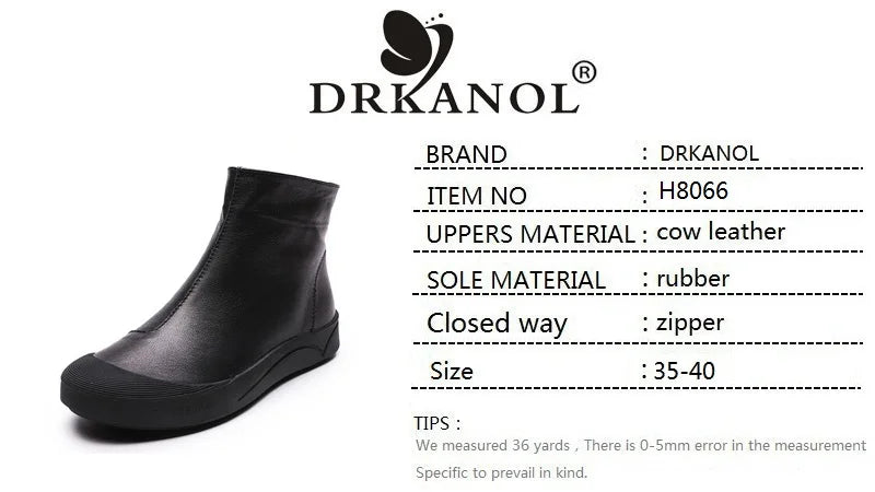 DRKANOL Genuine Leather Warm Ankle Boots – Winter Flat Cowhide Zip Boots
