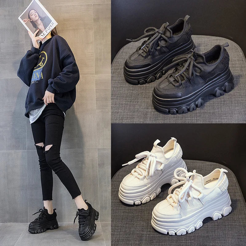 Fujin 9cm Platform Leather Wedge Sneakers – Chunky Breathable Shoes