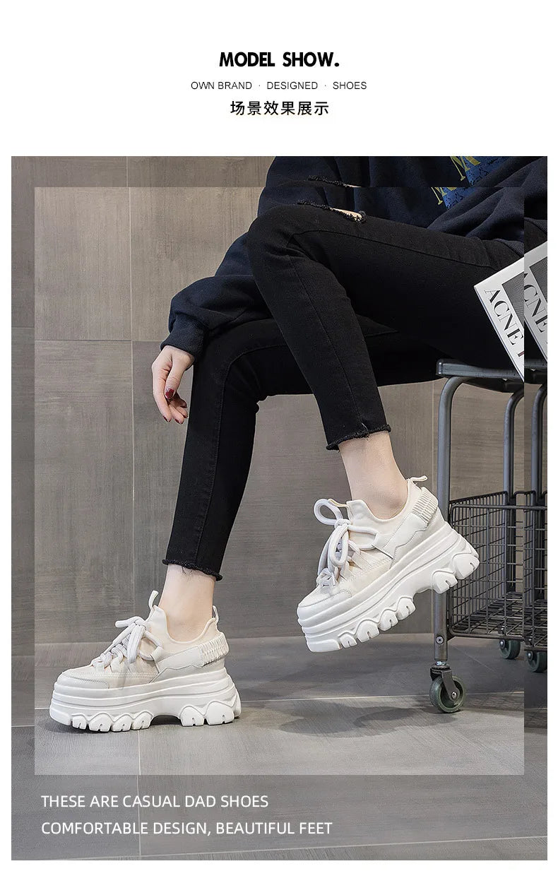 Fujin 9cm Platform Leather Wedge Sneakers – Chunky Breathable Shoes