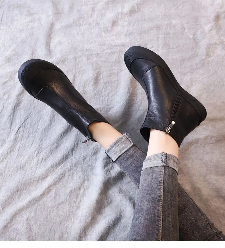 DRKANOL Genuine Leather Warm Ankle Boots – Winter Flat Cowhide Zip Boots