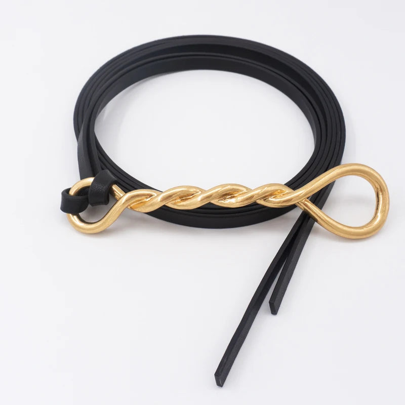 Twist Shape Gilt Buckle Thin Leather Belt