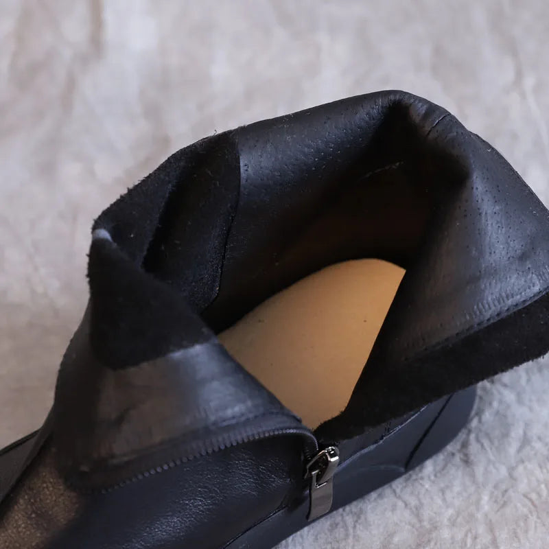 DRKANOL Genuine Leather Warm Ankle Boots – Winter Flat Cowhide Zip Boots