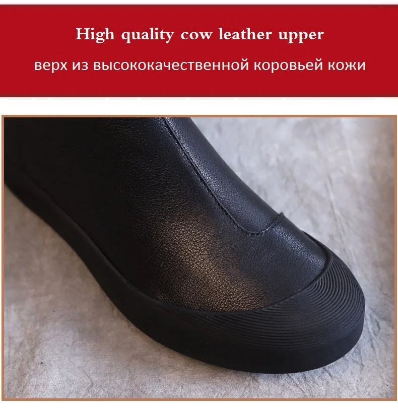 DRKANOL Genuine Leather Warm Ankle Boots – Winter Flat Cowhide Zip Boots