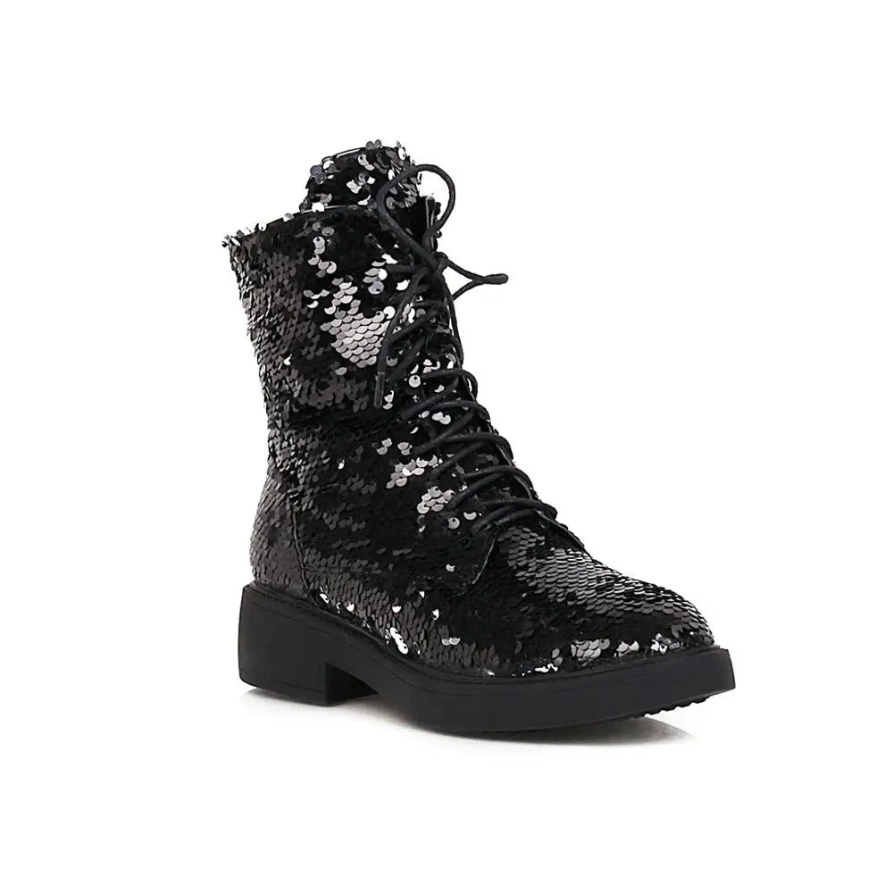 ENMAYER Color-Changing Sequin Boots – Shiny Lace-Up Ankle Shoes