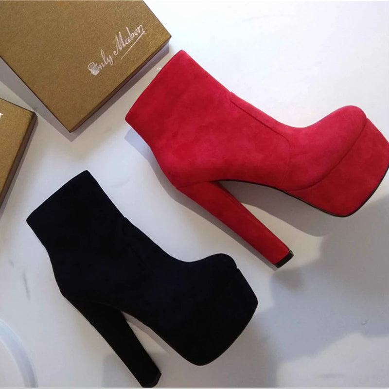 Onlymaker Women’s Round Toe Platform Ankle Boots – 15cm Chunky High Heels