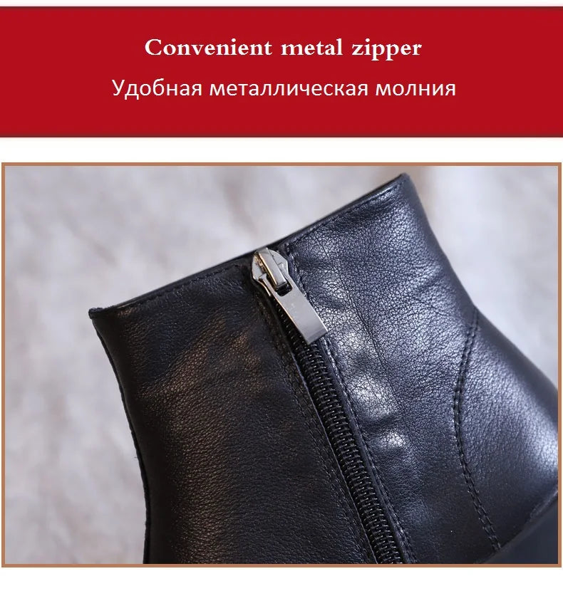 DRKANOL Genuine Leather Warm Ankle Boots – Winter Flat Cowhide Zip Boots