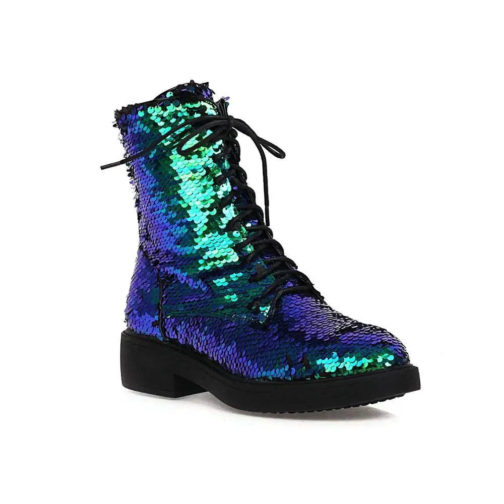 ENMAYER Color-Changing Sequin Boots – Shiny Lace-Up Ankle Shoes