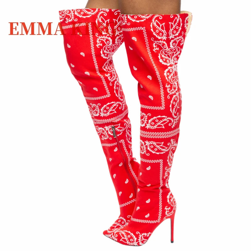 Thigh-High Bandana Print Boots – Sexy Pointed Toe Stiletto Heels