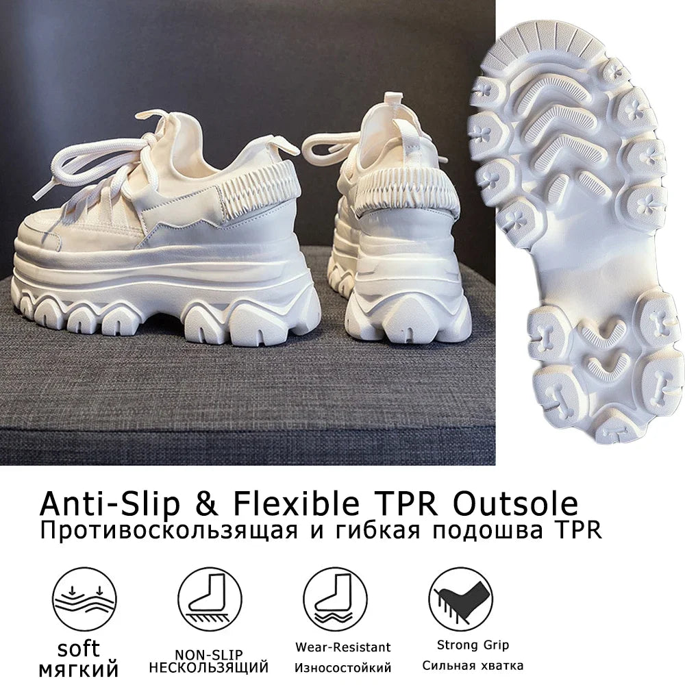 Fujin 9cm Platform Leather Wedge Sneakers – Chunky Breathable Shoes