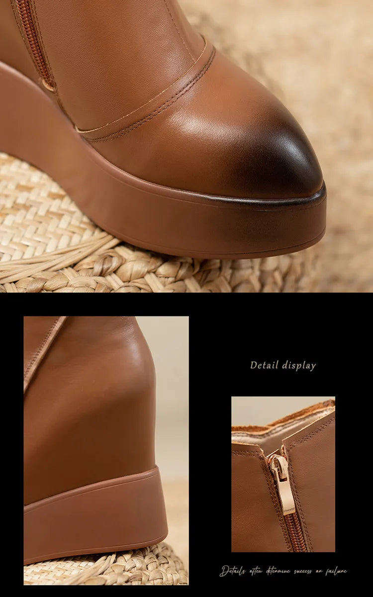 MKKHOU Genuine Leather Pointed Toe Wedge Boots