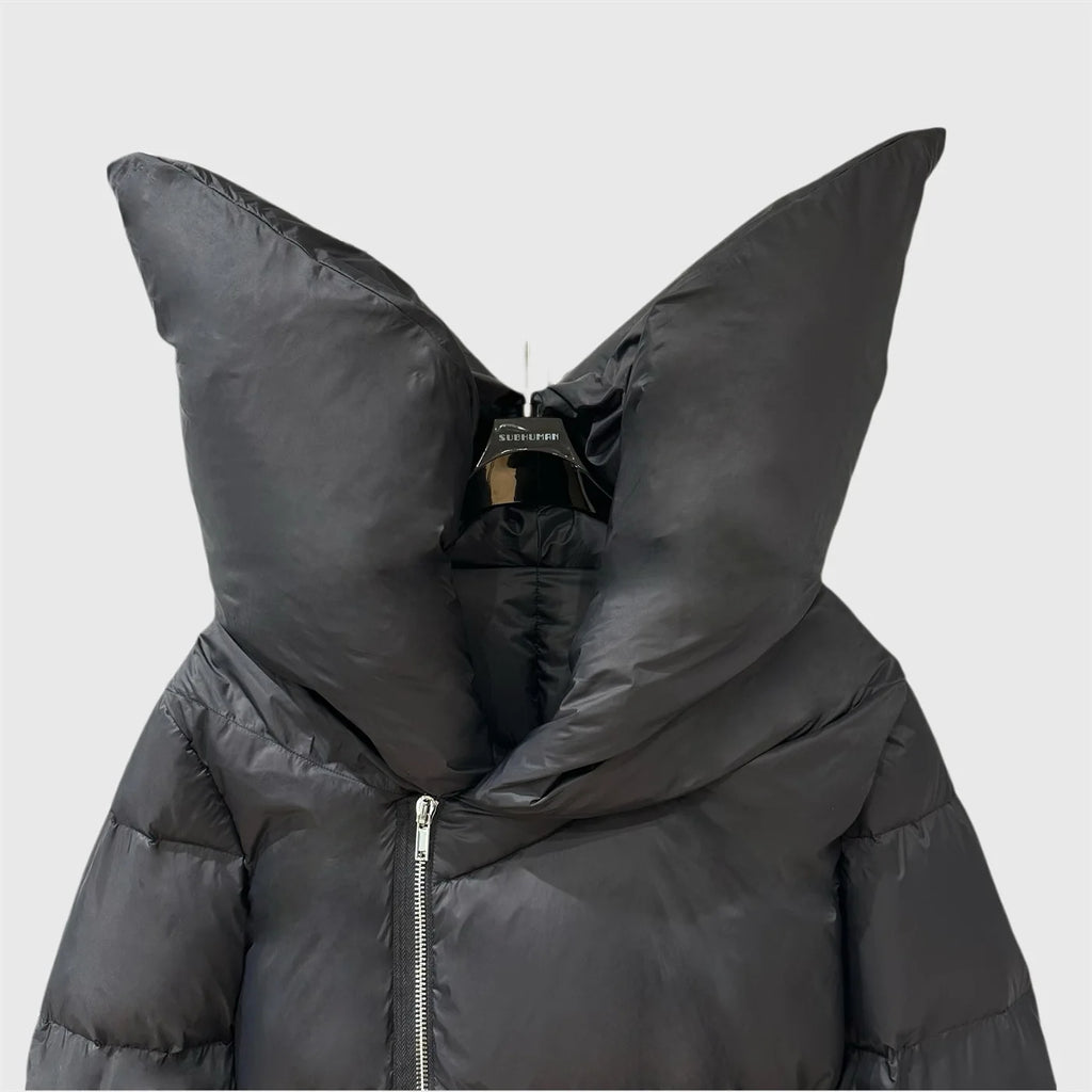 HKSH Asymmetrical Short Down Jacket – Stand Collar Dark Style Winter Coat for Women