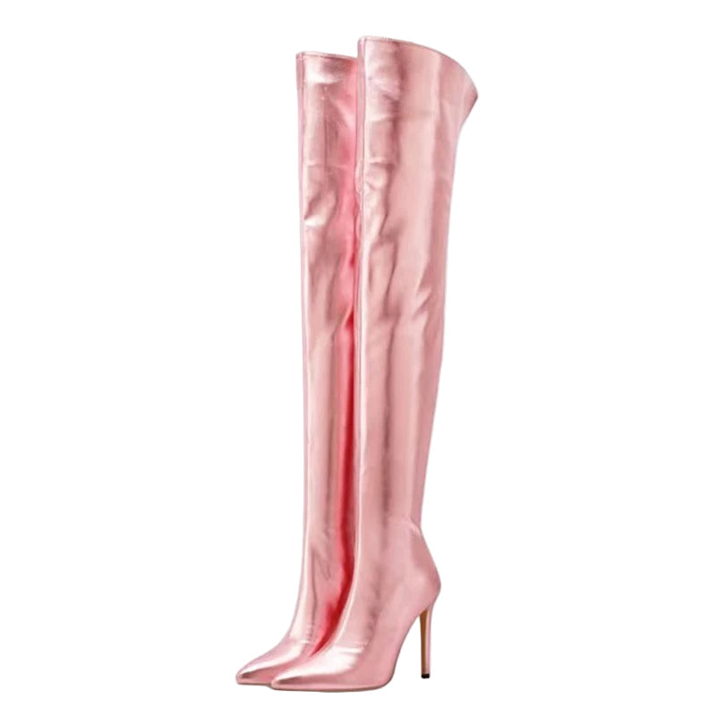 Pink high-heeled boots with 'FyLuan' branding on a white background