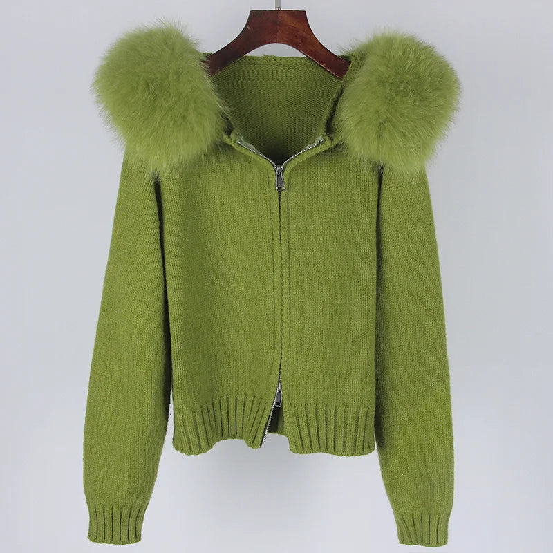 Real Fox Fur Hooded Sweater – Loose Knit Zipper Cardigan