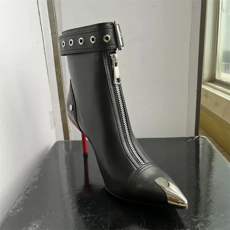 Pointed Ankle Boots – Belt Buckle & Front Zipper,