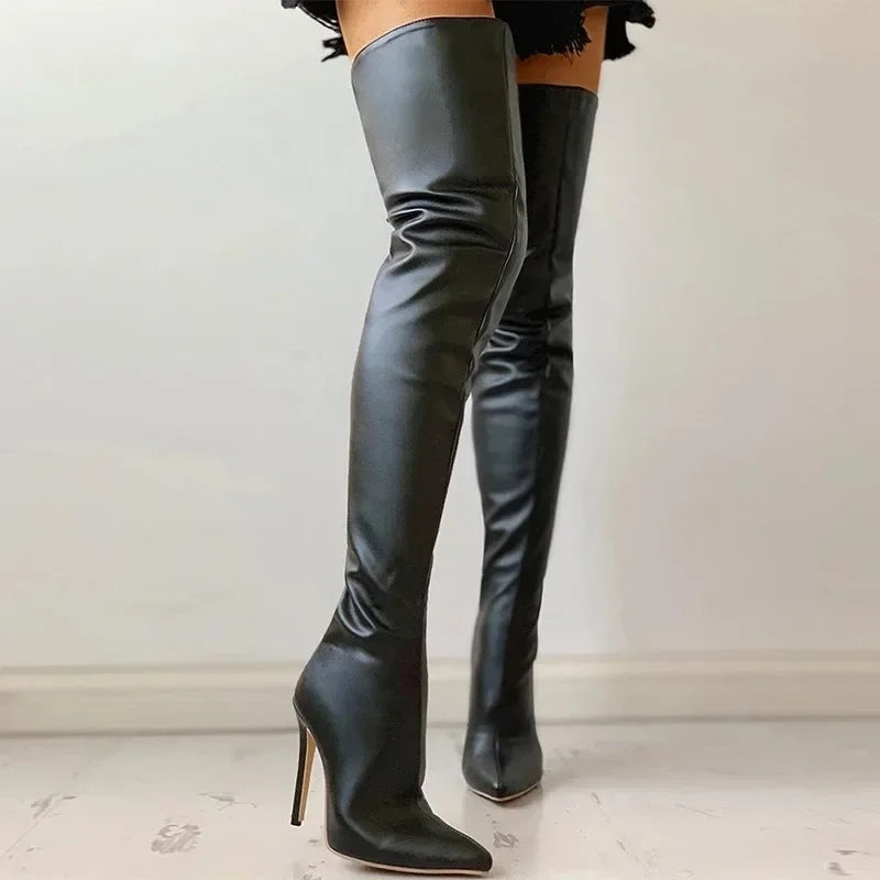 Over-the-Knee Thigh High Boots – Stretch PU Leather High Heel Winter Shoes