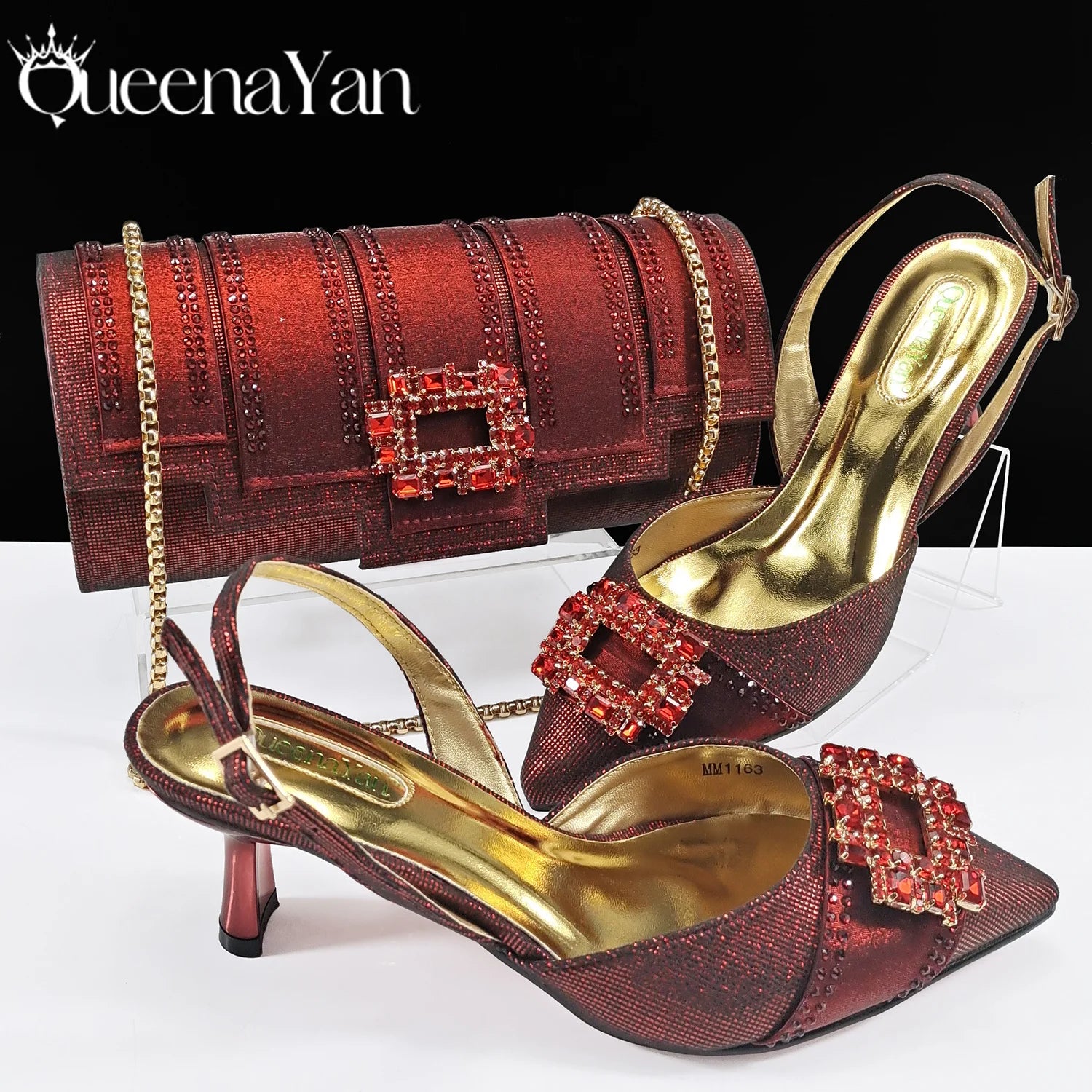 Marrakchi Block Heels & Rhinestone Bag Set – Elegant Party Collection