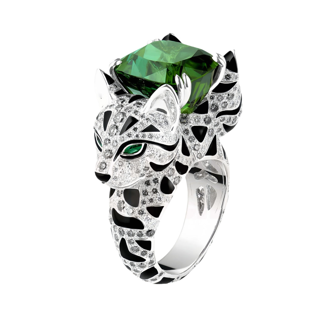 Emerald Gemstone 925 Sterling Silver Women’s Ring – Diamond Leopard Design
