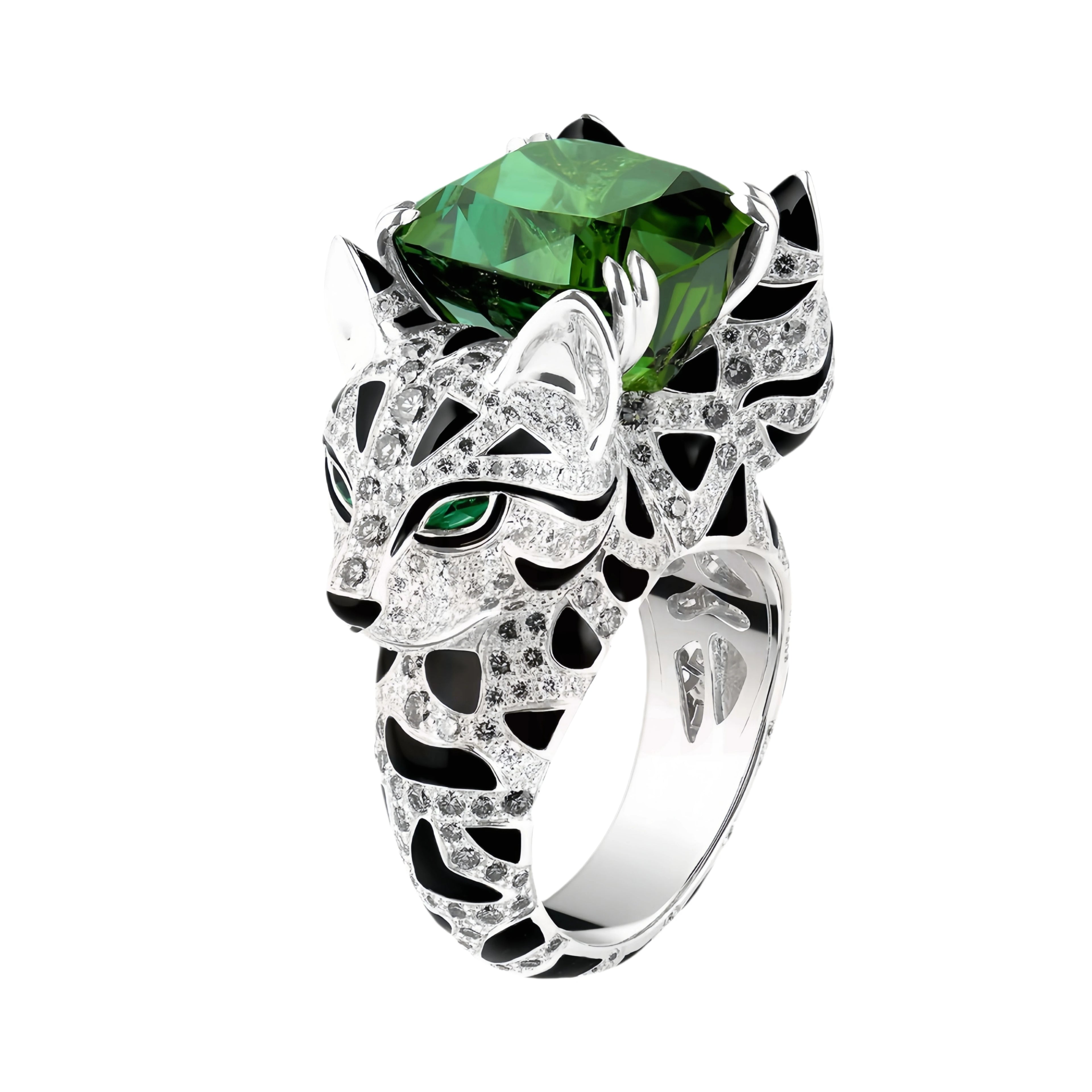 Emerald Gemstone 925 Sterling Silver Women’s Ring – Diamond Leopard Design